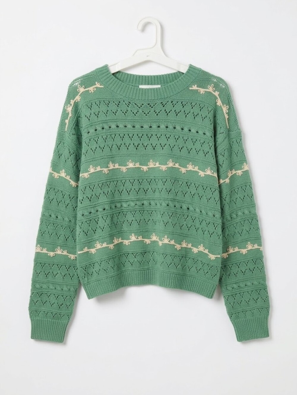 Listicle Green Open-Knit Floral Stripe Knit Sweater Size Medium